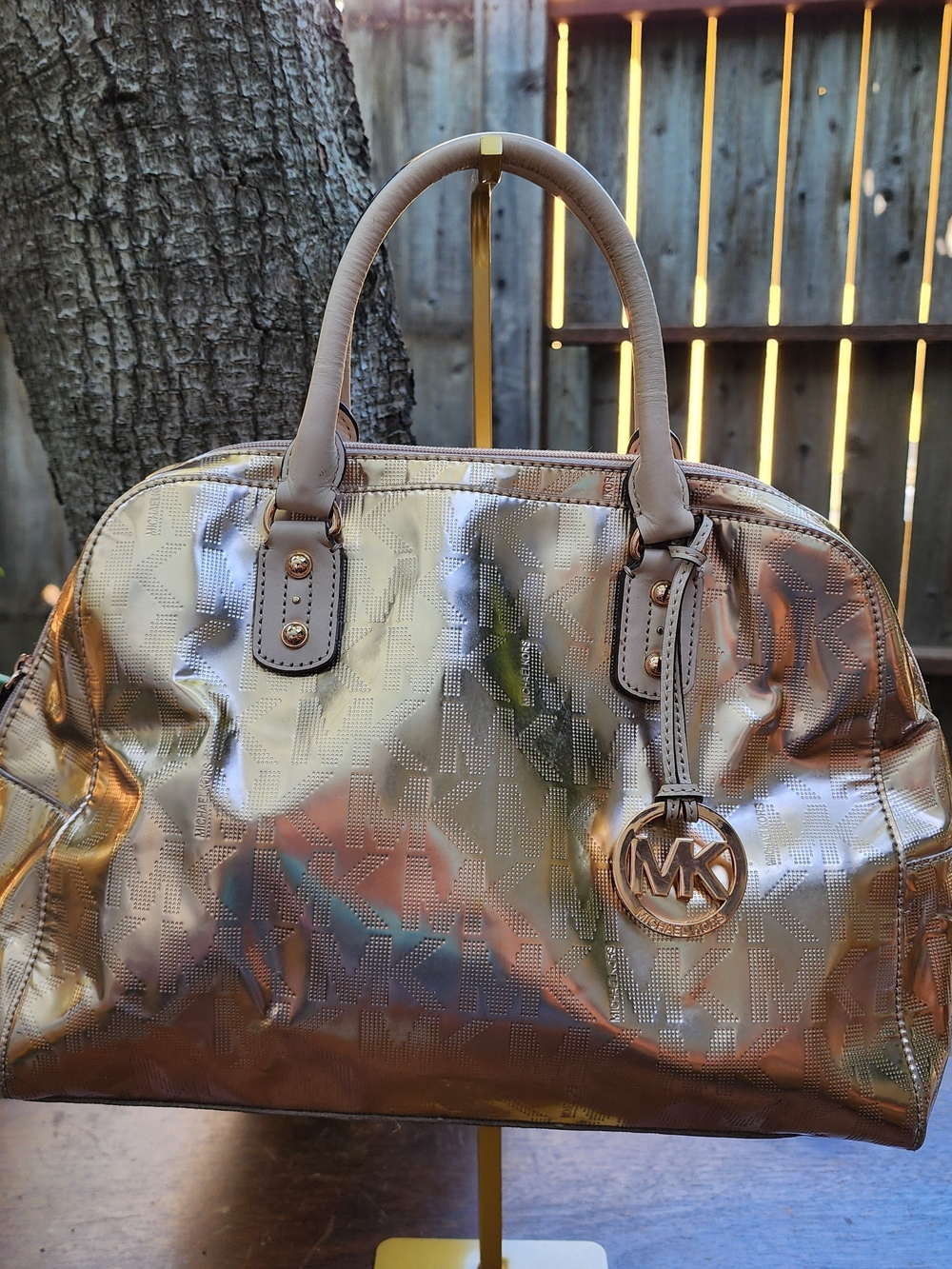 Michael Kors Mirror Metallic Signature Emmy Dome Satchel Rose Gold Bronze